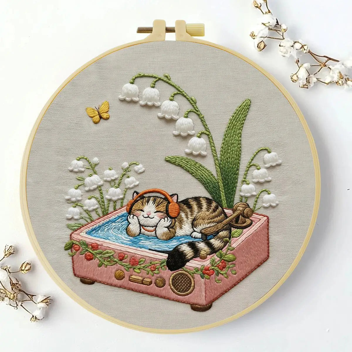Cozy Cat & Lily of the Valley Embroidery Kit