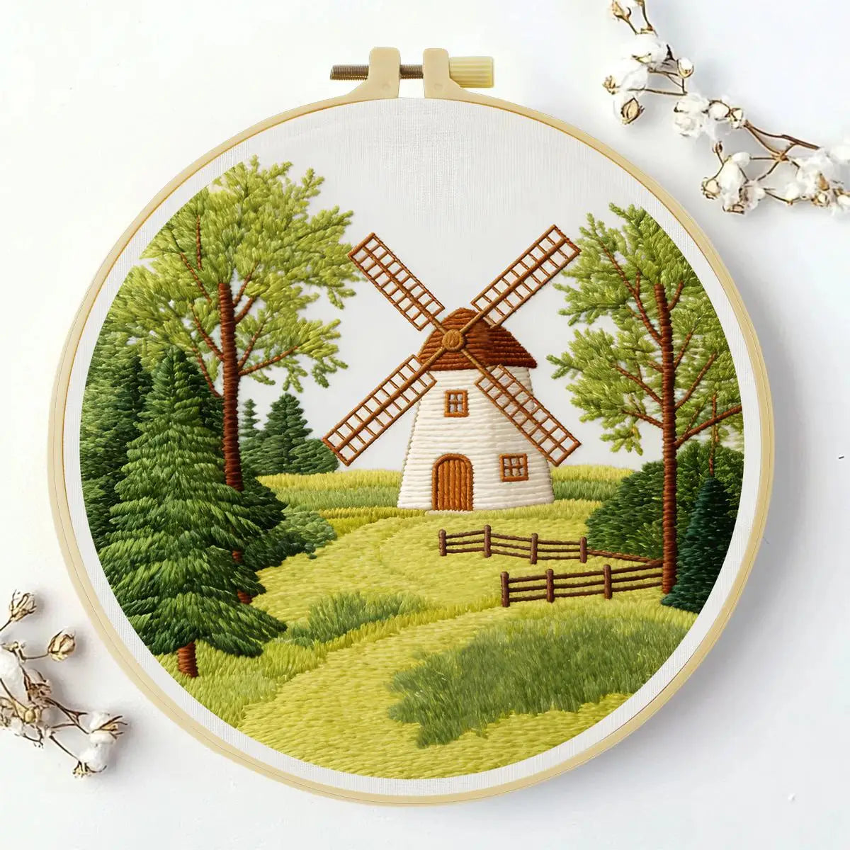 Countryside Windmill Embroidery Kit – Peaceful Green Landscape DIY Hand Embroidery Set