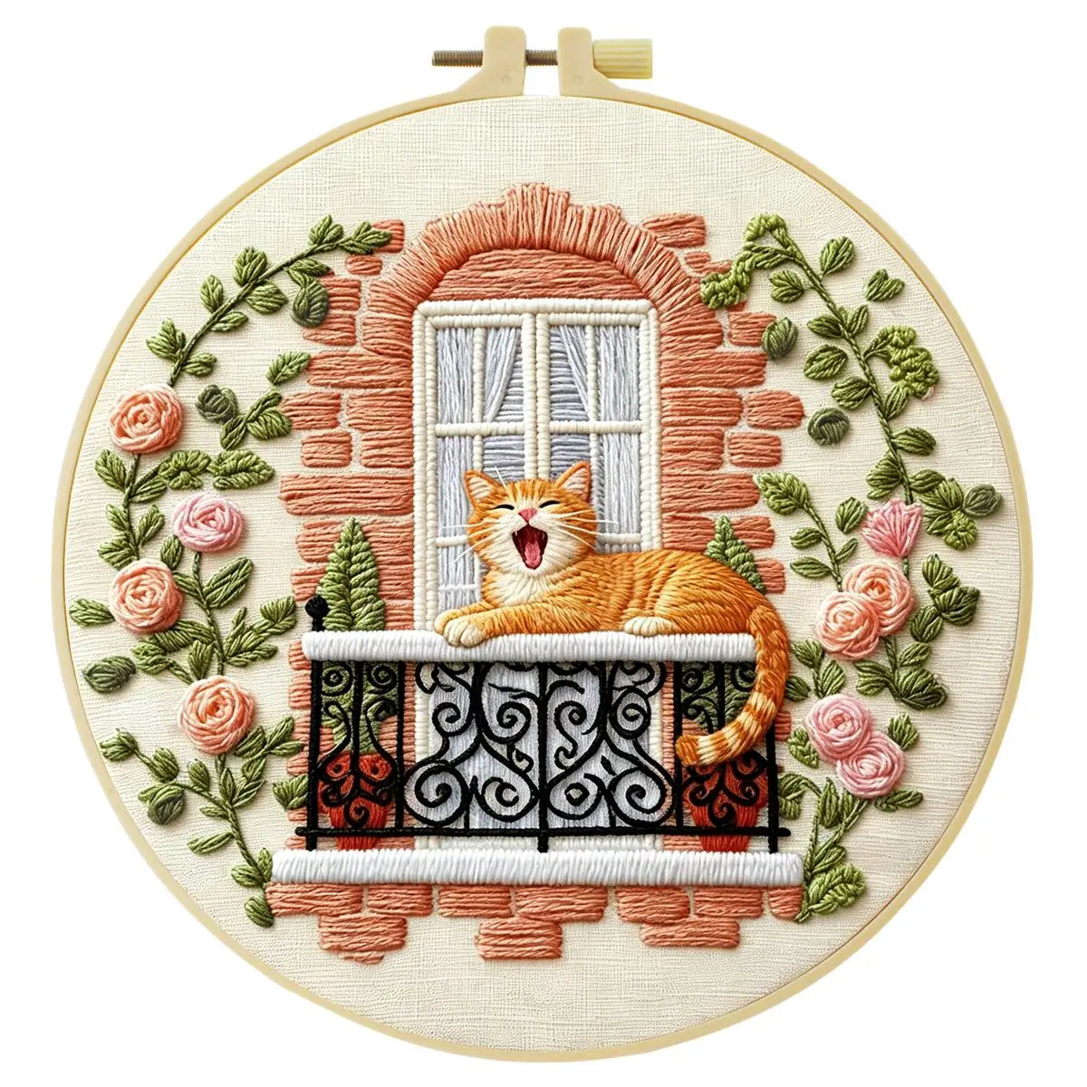 Sleepy Balcony Cat Embroidery Kit