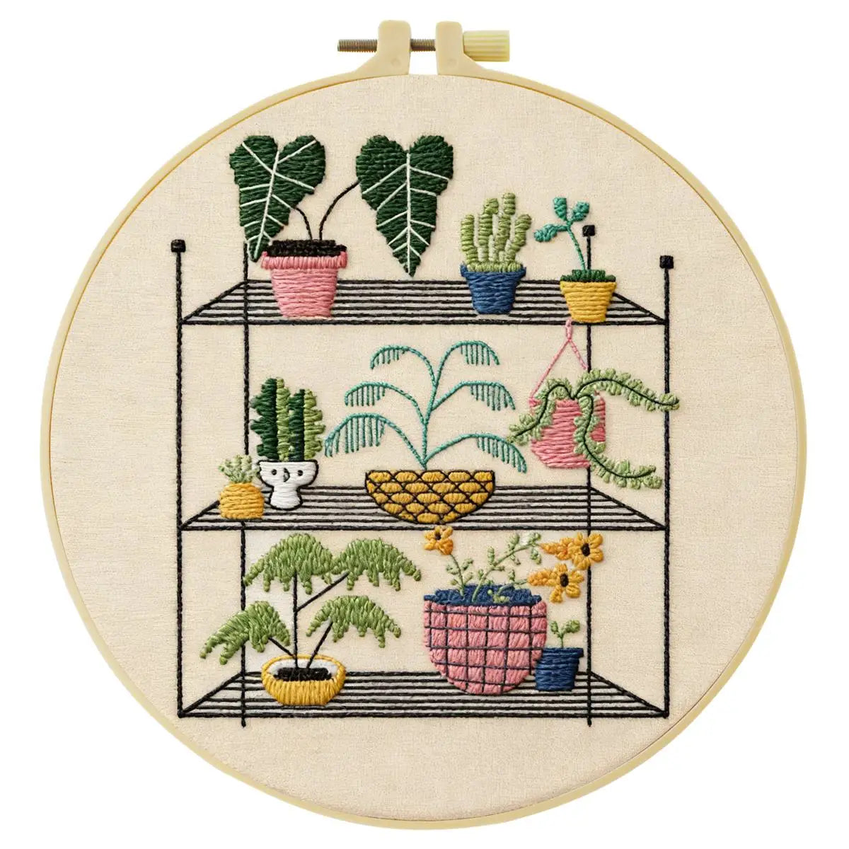 Indoor Plant Shelf Embroidery Kit – Cozy Houseplants DIY Hand Embroidery Hoop Art Set