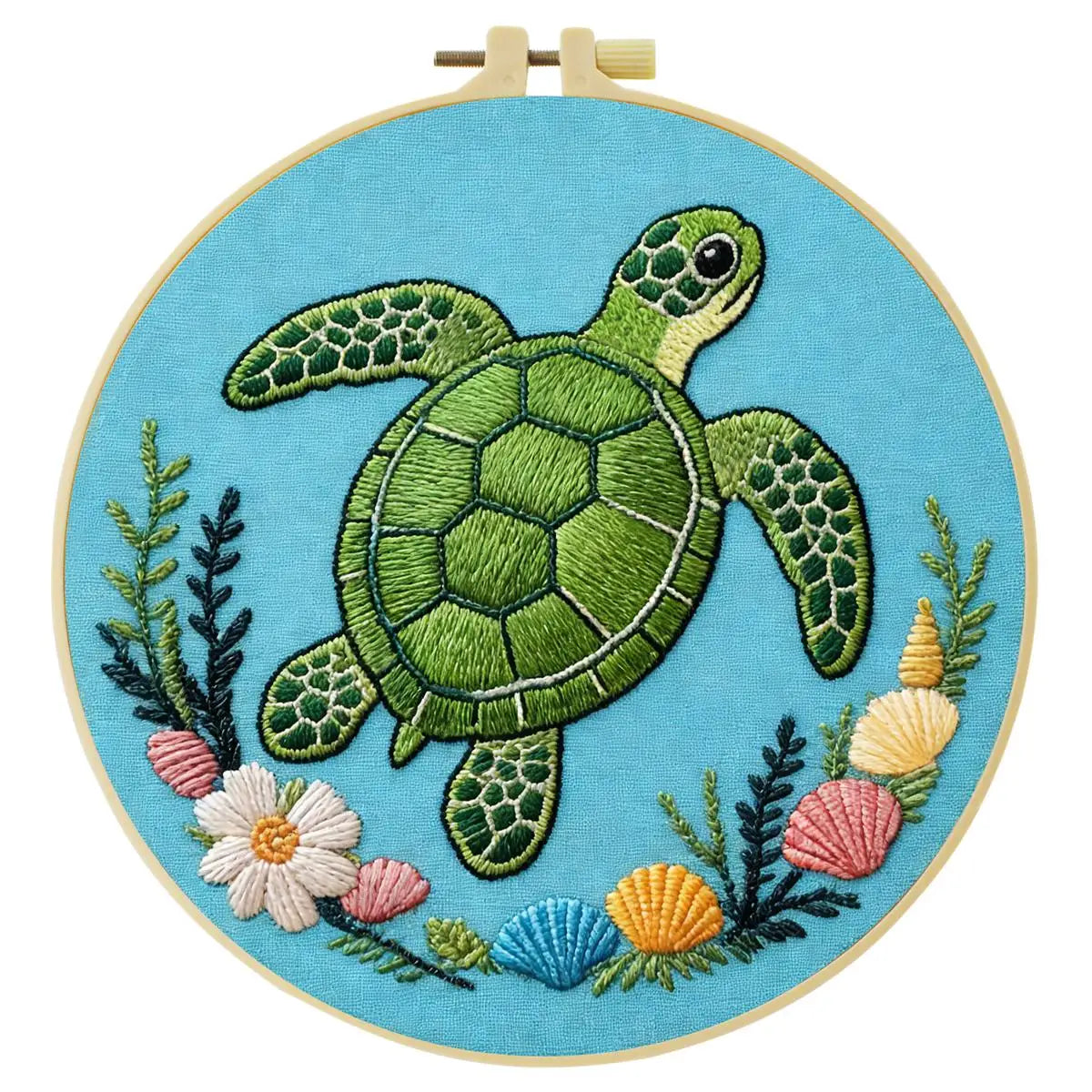 Sea Turtle Embroidery Kit – Coastal Ocean & Seashell Design