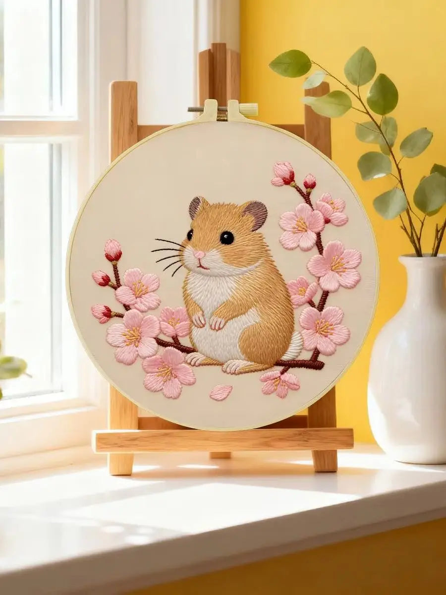 Cherry Blossom Hamster Embroidery Kit – Cute Spring Floral Animal Design