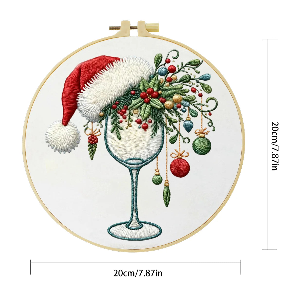 Christmas Wine Glass Embroidery DIY Kit – Festive Holiday Beginner Stitching Kit with Hoop, Pattern & Threads