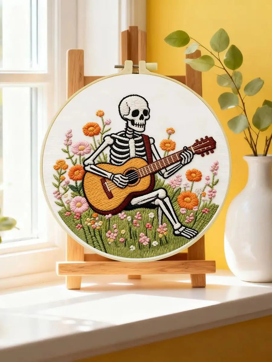 Skeleton Guitarist Embroidery Kit – Floral Music & Wildflower Design