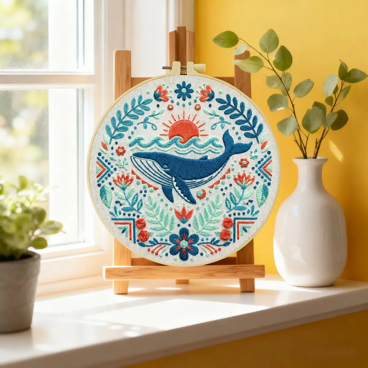 Folk Art Whale & Ocean Floral Embroidery Kit