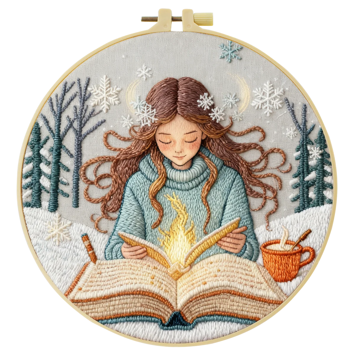 Winter Girl Reading Embroidery Starter Kit DIY – Beginner Cozy Book-Themed Hand Embroidery Kit