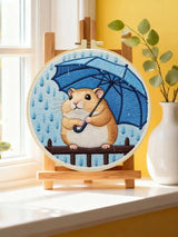 Rainy Day Hamster Embroidery Kit – Cute Umbrella Hamster DIY Hand Embroidery Set ☔🐹💙