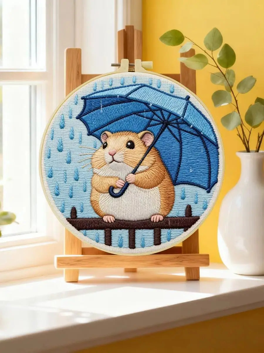Rainy Day Hamster Embroidery Kit – Cute Umbrella Hamster DIY Hand Embroidery Set ☔🐹💙