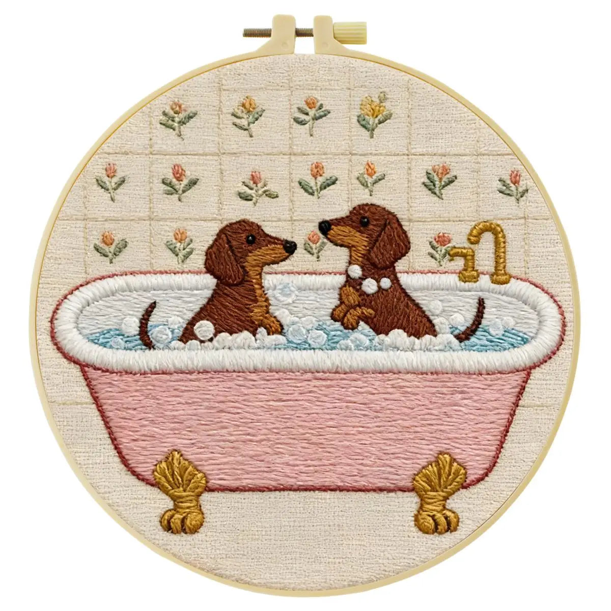 Dachshund Bath Time Embroidery Kit – Cute Sausage Dog DIY Hand Embroidery Hoop Art Set 🛁🐾
