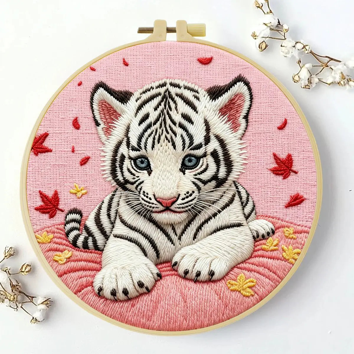 Snow White Tiger Cub Embroidery Kit 🐯🤍🌸