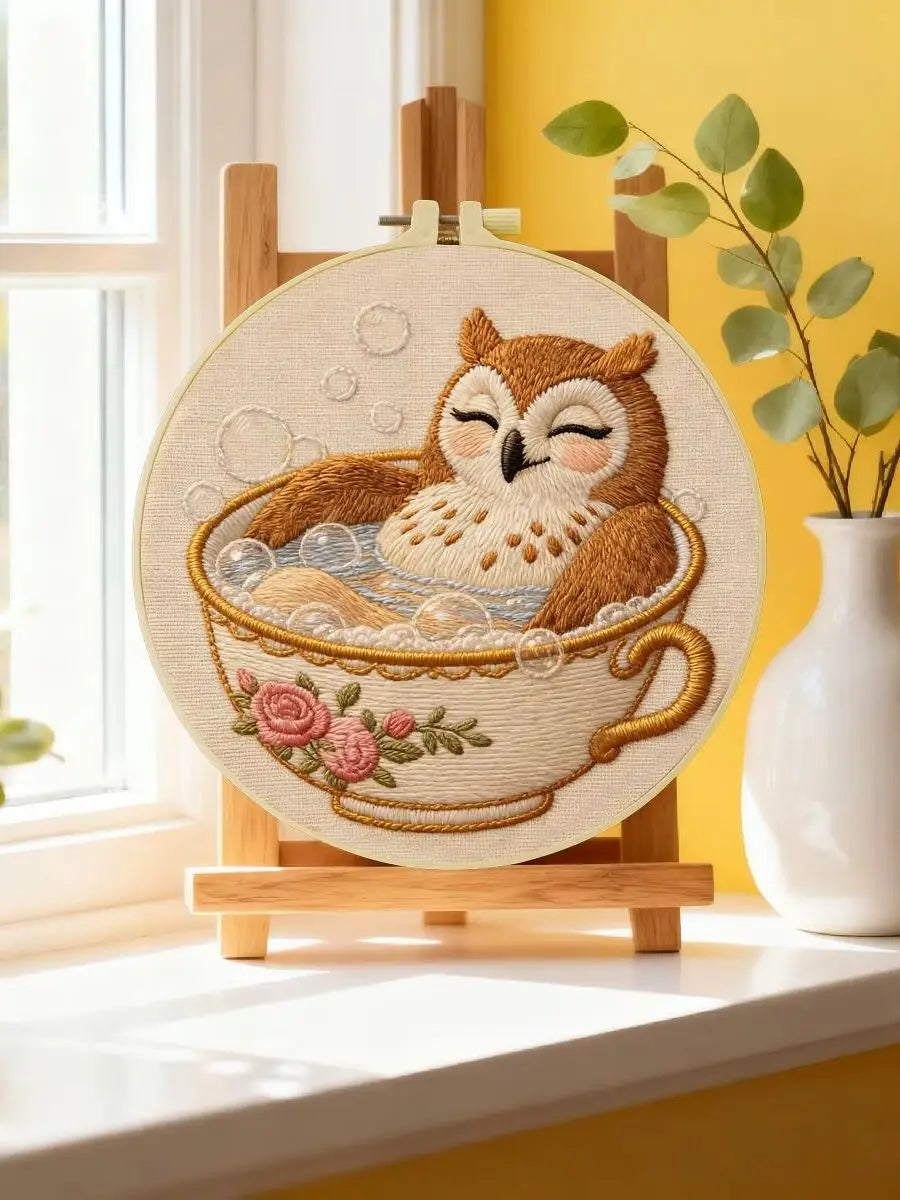 Cozy Owl Teacup Embroidery Kit
