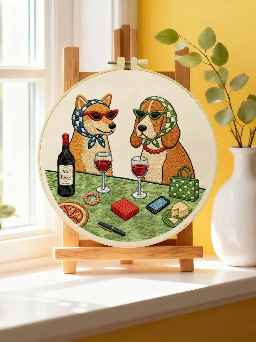 Wine & Whiskers Embroidery Kit – Stylish Dog Friends DIY Hand Embroidery Set 🍷🐶✨