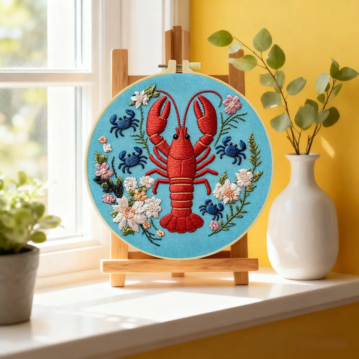 Lobster & Blue Crabs Embroidery Kit – Colorful Coastal Floral Design
