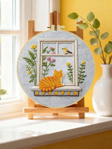 Window Cat Embroidery Kit – Cozy Birdwatching Kitty DIY Hand Embroidery Hoop Art Set