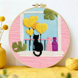 Black Cat & Heart Balloons Window Embroidery DIY Kit – Cute Home Decor Hand Stitching Craft with Hoop & Threads