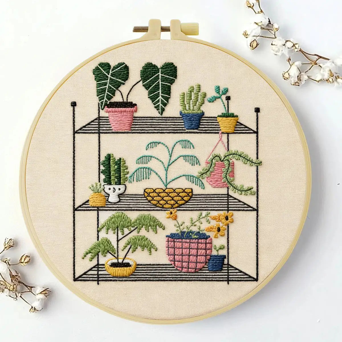 Indoor Plant Shelf Embroidery Kit – Cozy Houseplants DIY Hand Embroidery Hoop Art Set