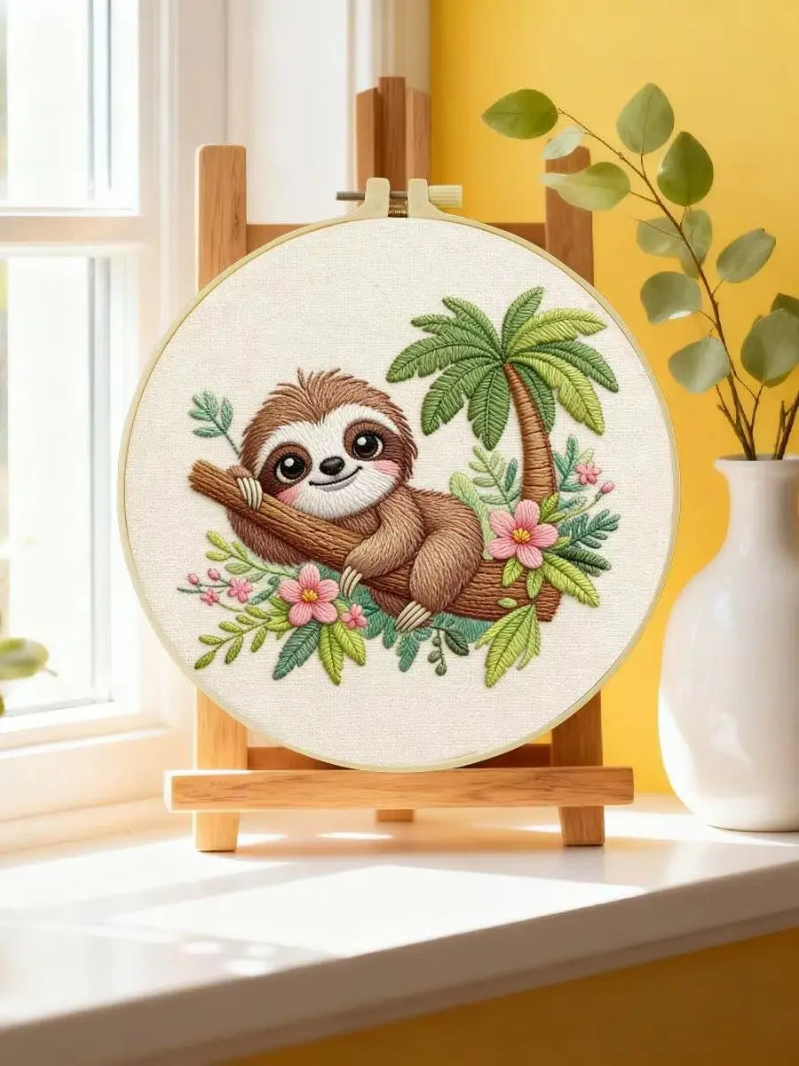 Cute Tropical Sloth Embroidery Kit 🦥🌿🌸