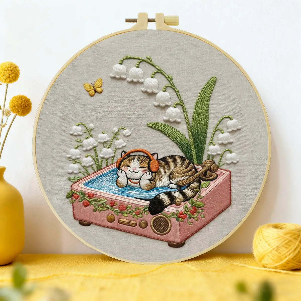 Cozy Cat & Lily of the Valley Embroidery Kit