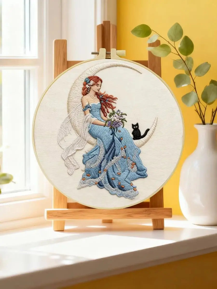 Moonlit Fairy Embroidery Kit – Enchanted Cat & Crescent Moon DIY Hand Embroidery Hoop Art Set