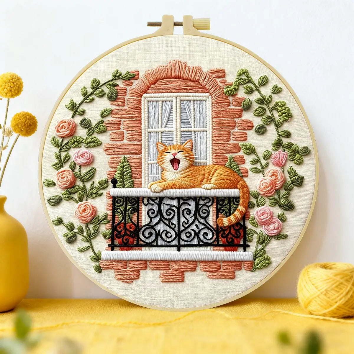 Sleepy Balcony Cat Embroidery Kit