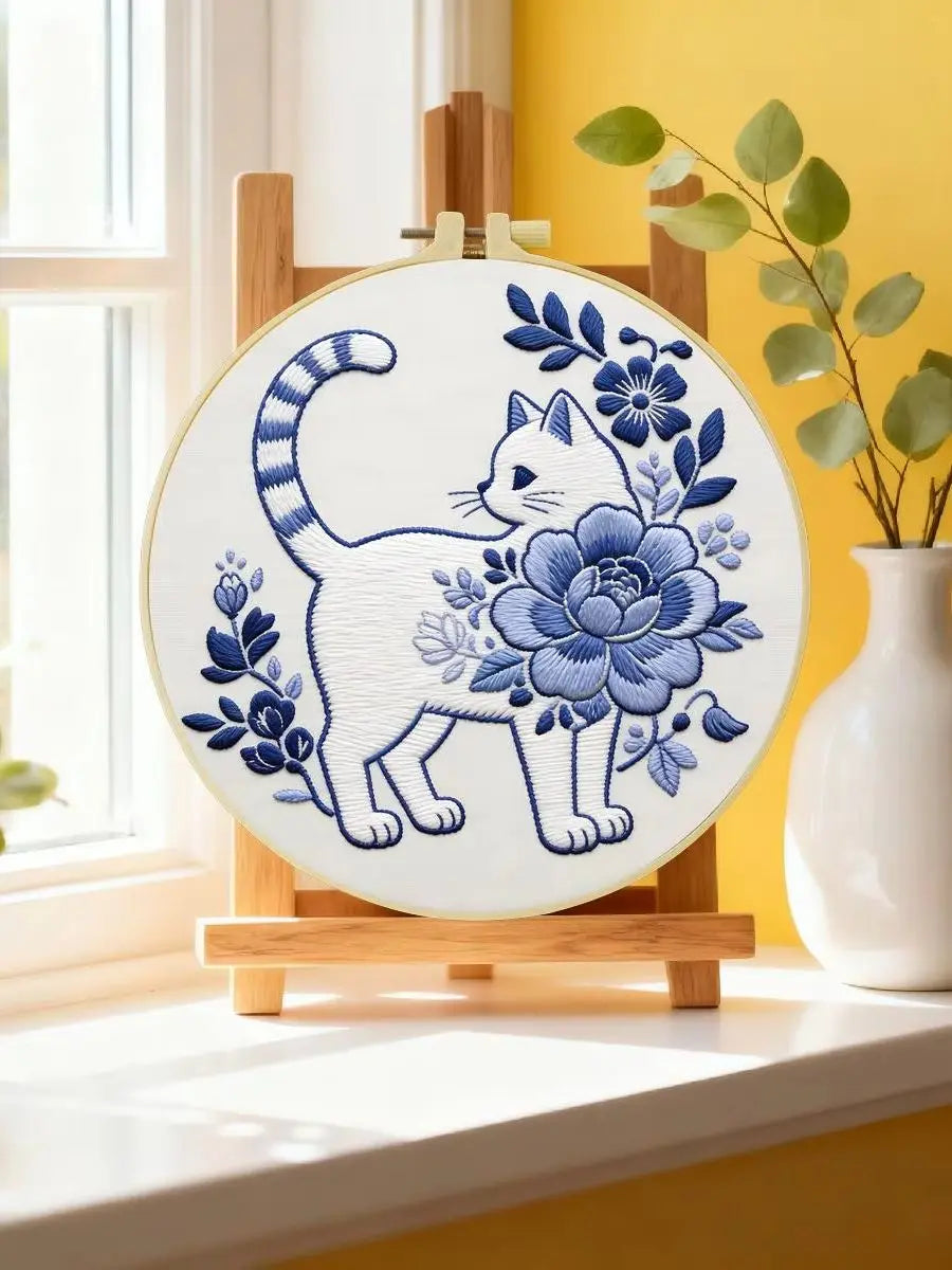 Blue Blossom Cat Embroidery Kit
