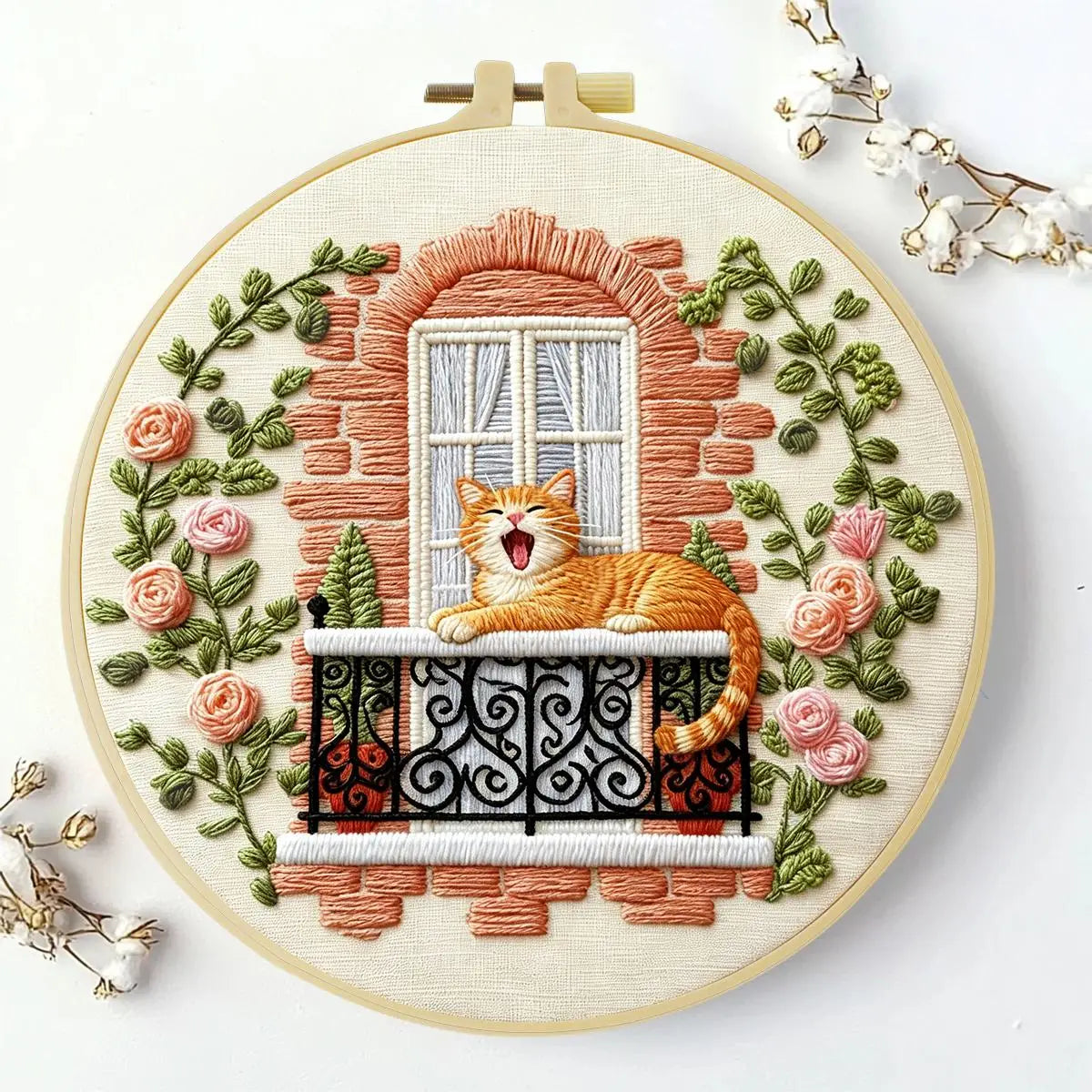 Sleepy Balcony Cat Embroidery Kit