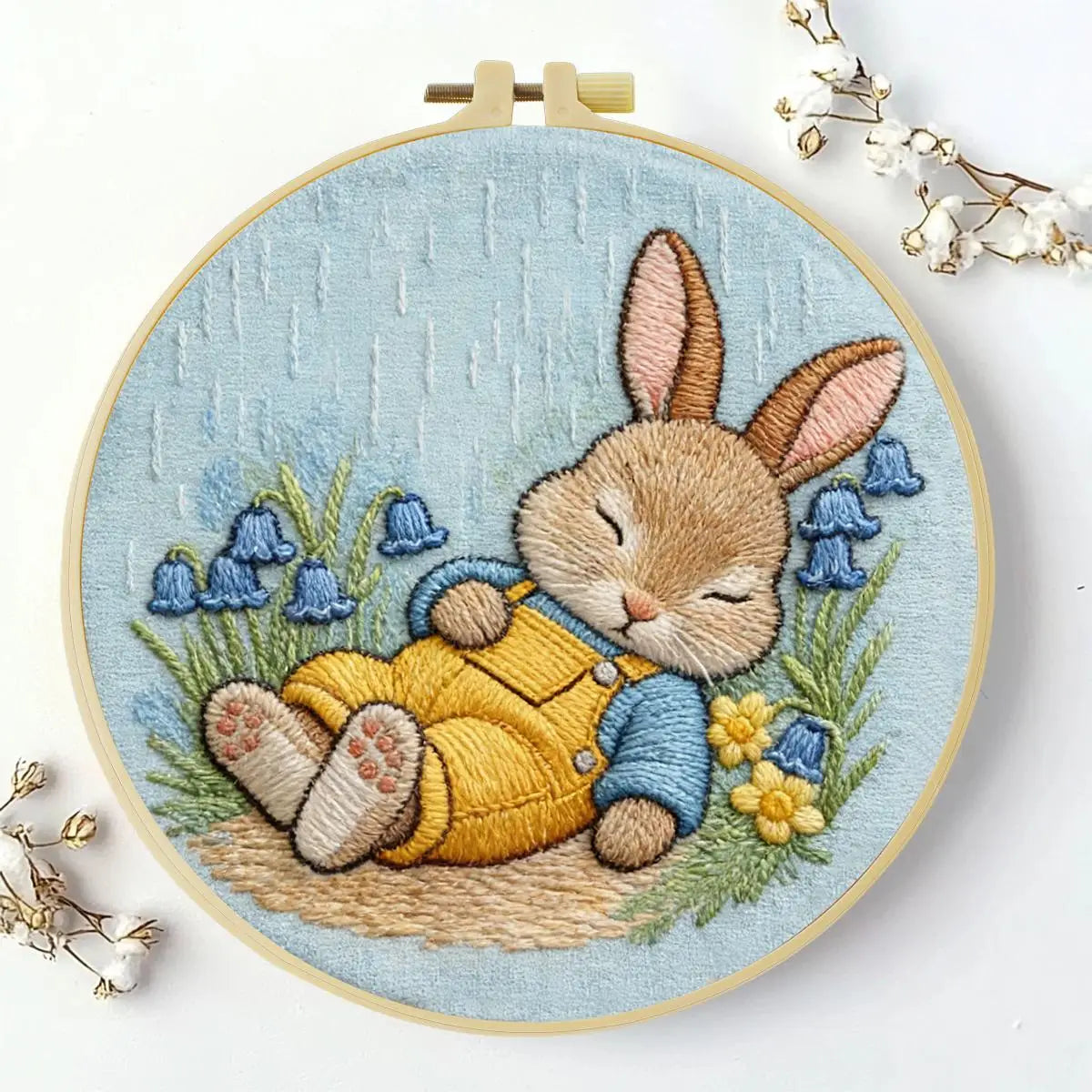 Sleeping Bunny Embroidery Kit – Cozy Rainy Day Rabbit DIY Hand Embroidery Set 🐰🌧️💛