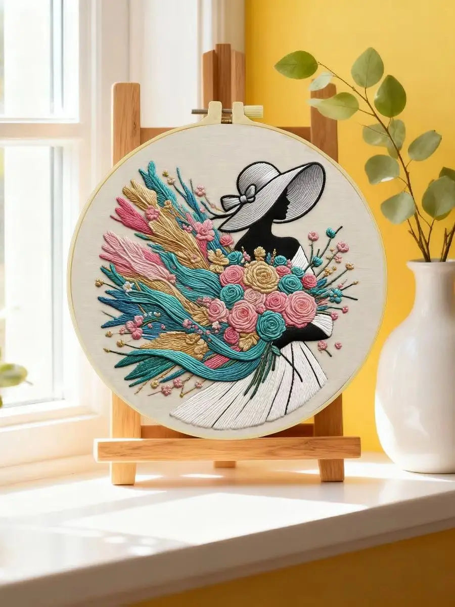 Elegant Floral Lady Embroidery Kit – Vintage Fashion DIY Hand Embroidery Set 👒🌸✨