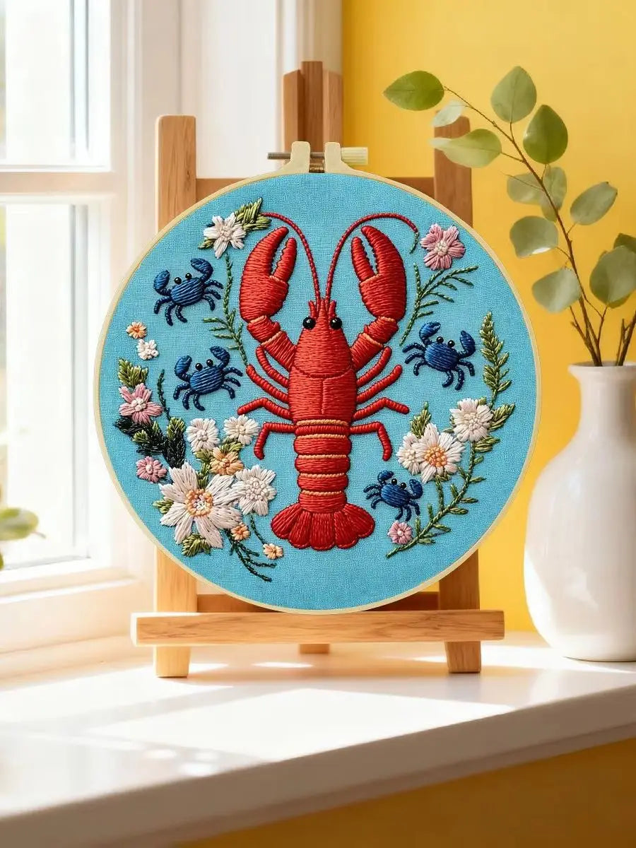 Lobster & Blue Crabs Embroidery Kit – Colorful Coastal Floral Design