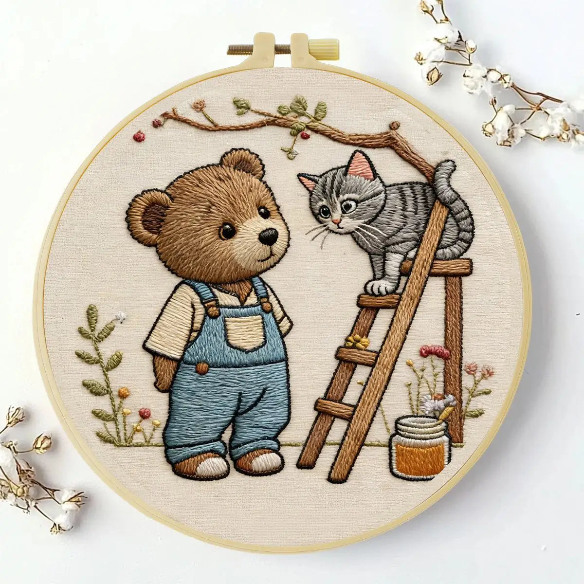 Bear & Kitten Friends Embroidery Kit – Whimsical Woodland DIY Hand Embroidery Set 🧸🐱🌿