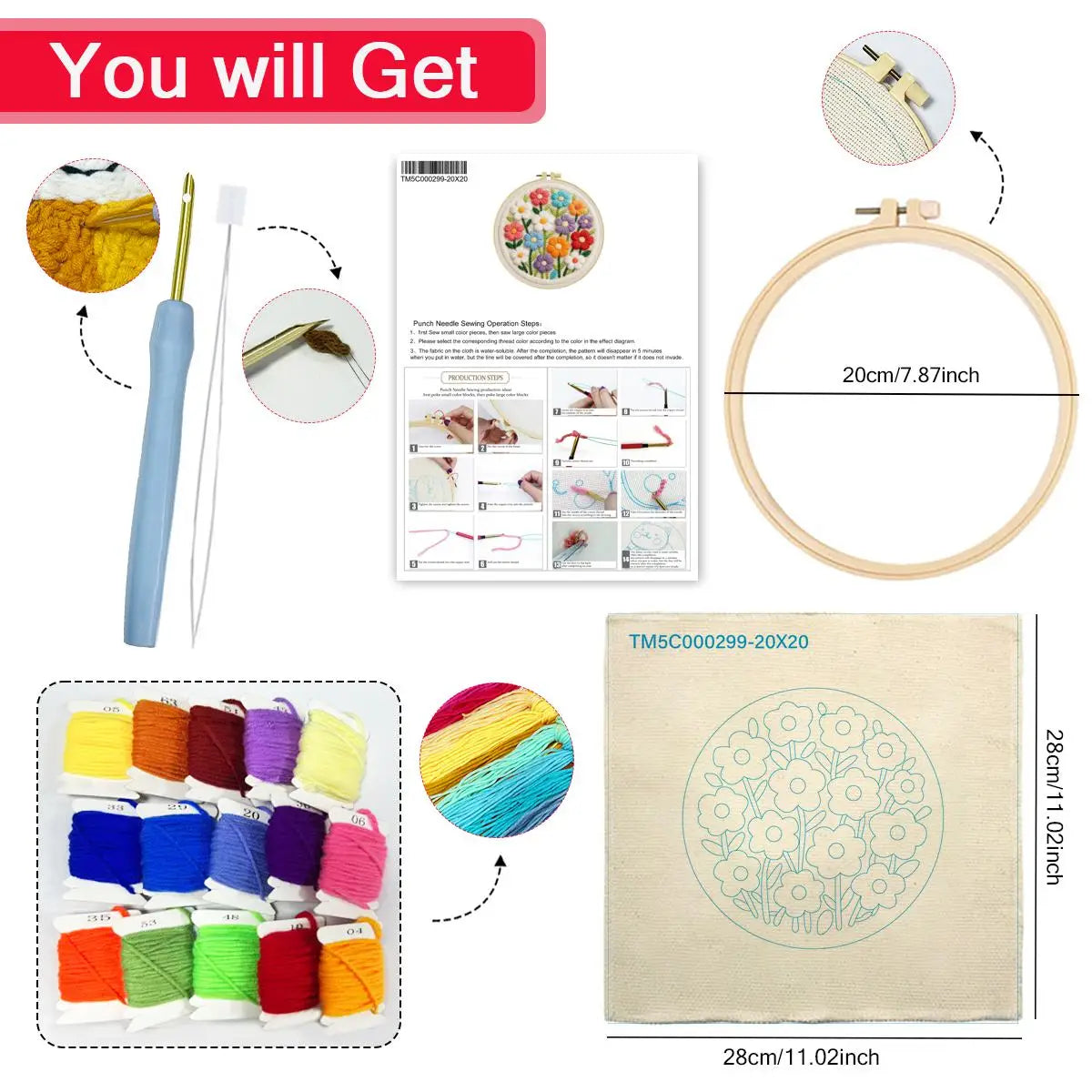 Colorful Floral Embroidery Kit for Adults – Cute Daisy Flower DIY Punch Needle Style Hoop Art Beginner Needlecraft Gift for Her