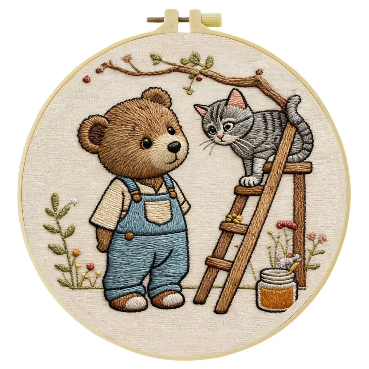 Bear & Kitten Friends Embroidery Kit – Whimsical Woodland DIY Hand Embroidery Set 🧸🐱🌿