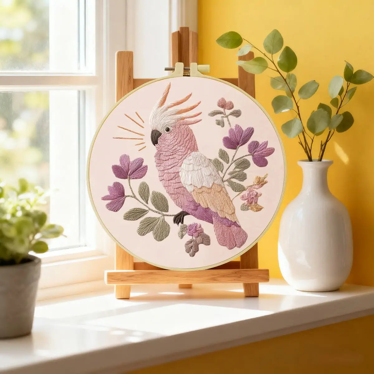 Pink Cockatoo Embroidery Kit – Floral Galah Parrot DIY Hand Embroidery Hoop Art Set