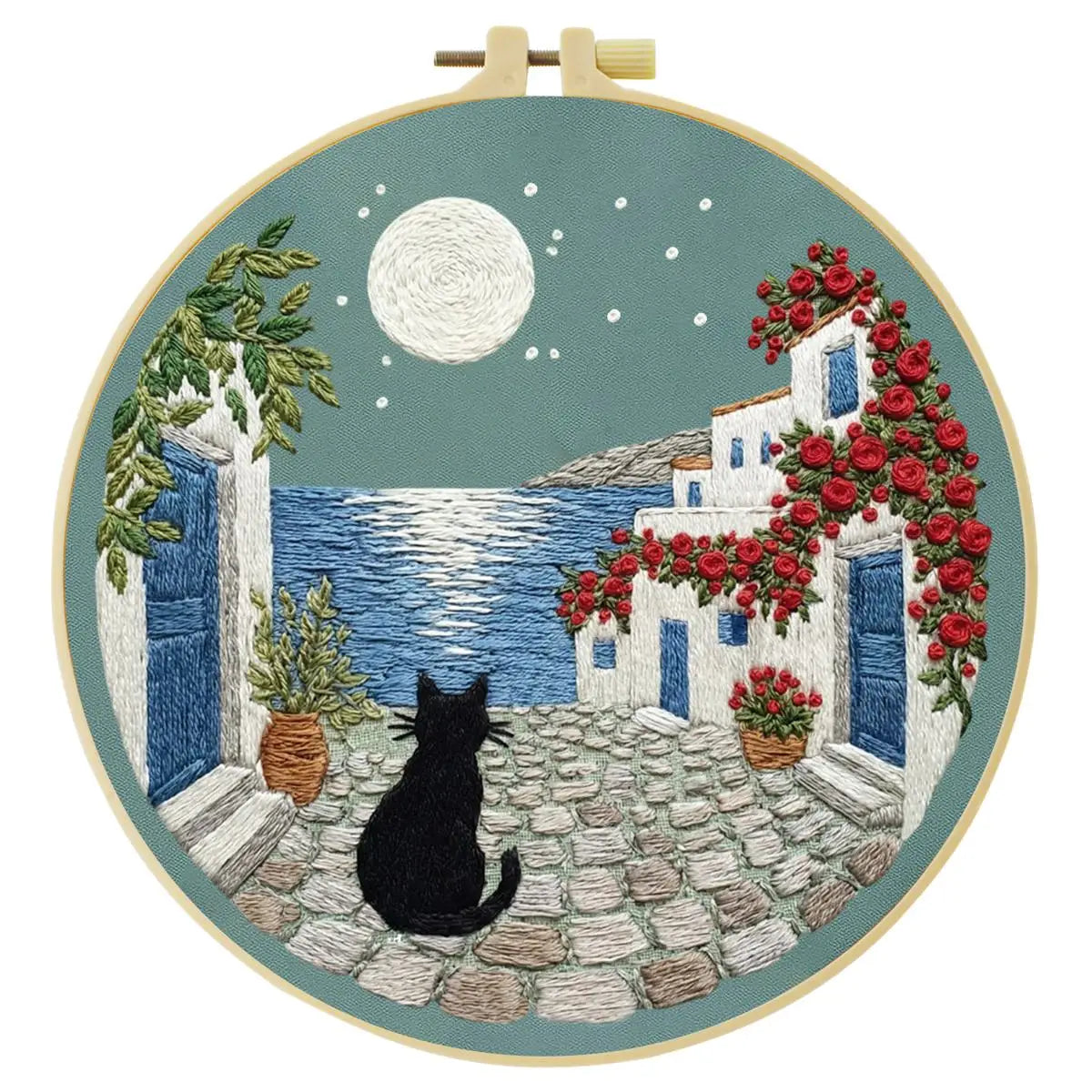 Moonlit Coastal Cat Embroidery Kit 🌙🐈�