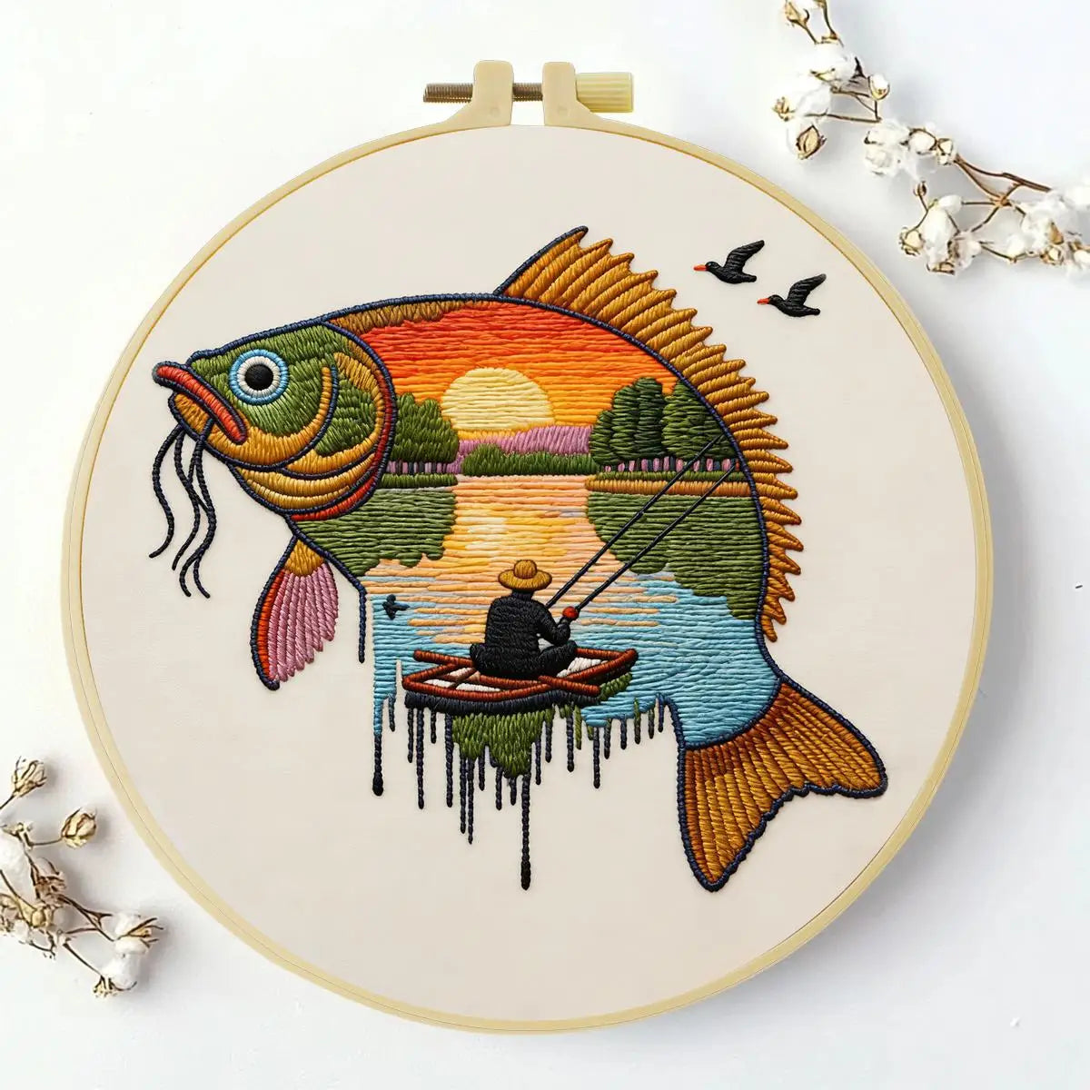 Sunset Fisherman Fish Embroidery Kit