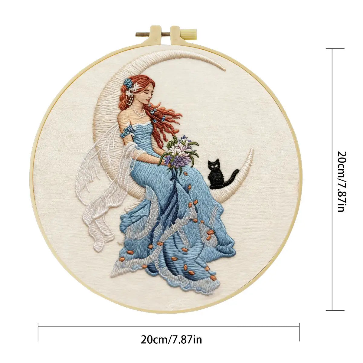 Moonlit Fairy Embroidery Kit – Enchanted Cat & Crescent Moon DIY Hand Embroidery Hoop Art Set
