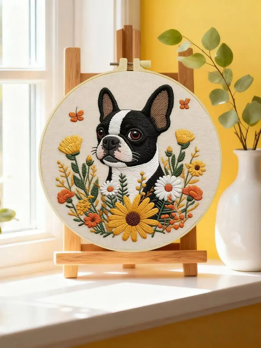 Boston Terrier Embroidery Kit – Floral Puppy DIY Hand Embroidery Hoop Art Set