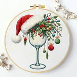 Christmas Wine Glass Embroidery DIY Kit – Festive Holiday Beginner Stitching Kit with Hoop, Pattern & Threads