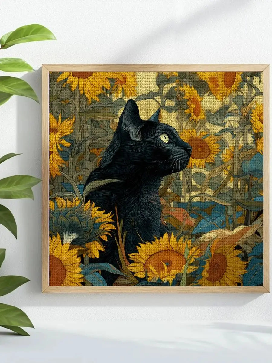 Midnight Cat in a Sunflower Garden Cross Stitch Kit 🌻🐈⬛