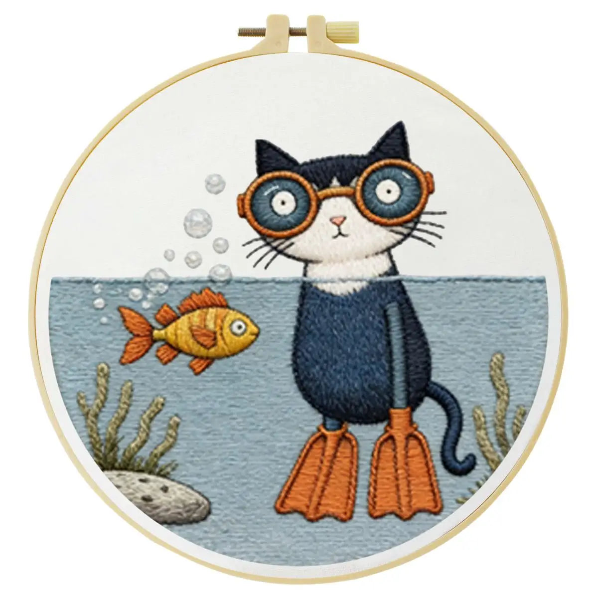 Scuba Cat Embroidery Kit – Funny Underwater Kitty DIY Hand Embroidery Set 🐱🐠🤿