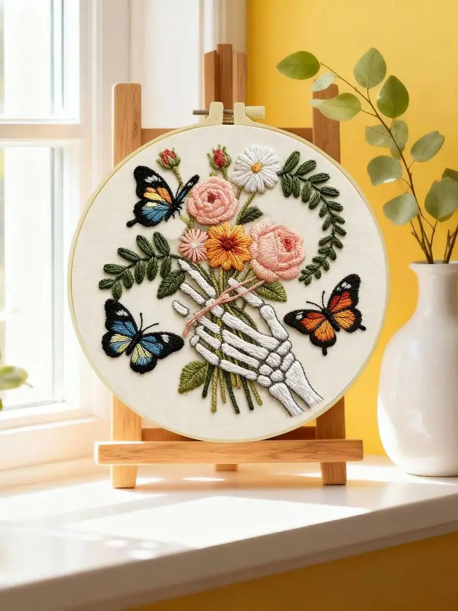 Skeleton Hand Floral Bouquet Embroidery Kit 🦋💐💀