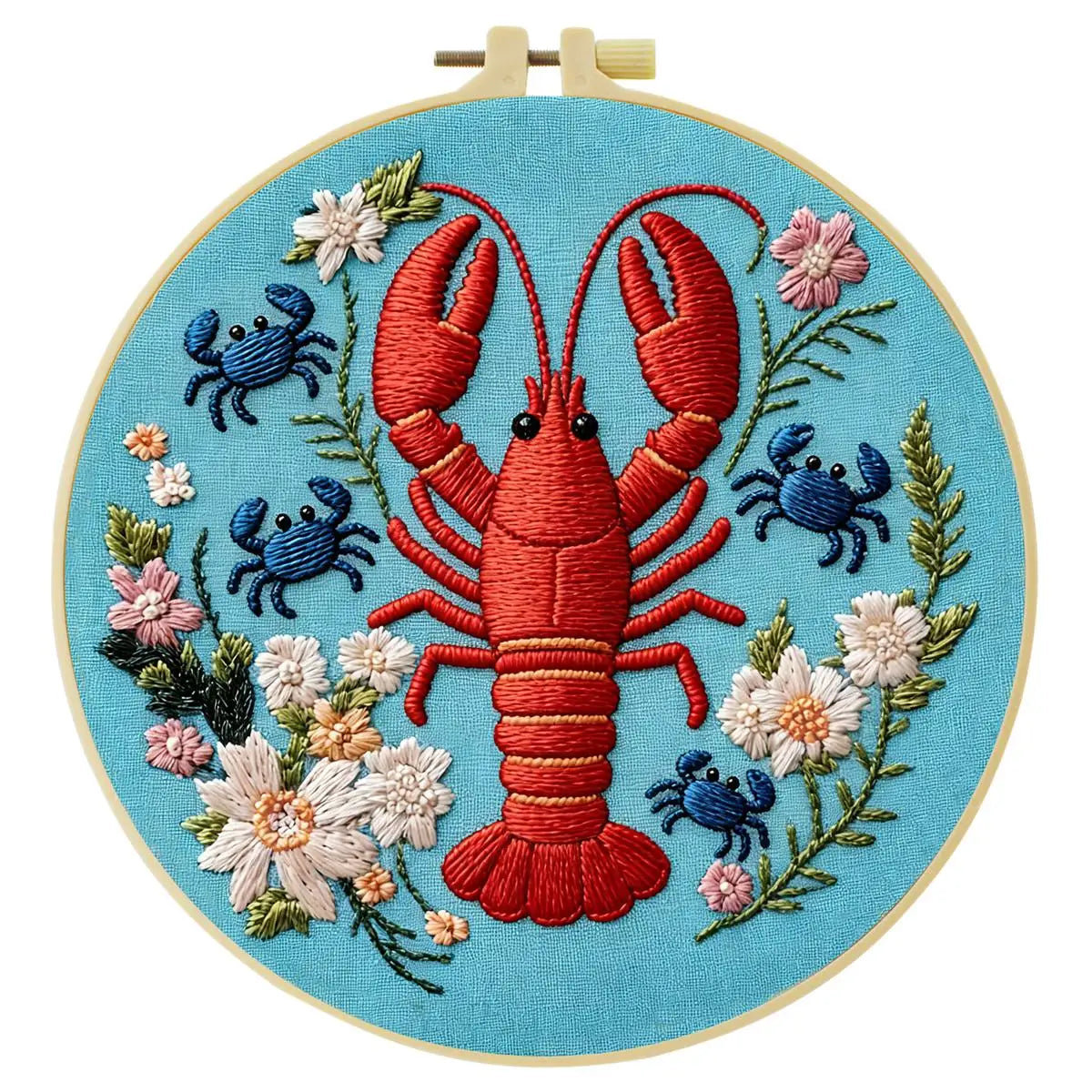 Lobster & Blue Crabs Embroidery Kit – Colorful Coastal Floral Design
