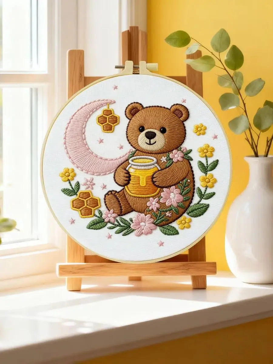 Moonlit Honey Bear Embroidery Kit – Cute Teddy Bear DIY Hand Embroidery Hoop Art Set