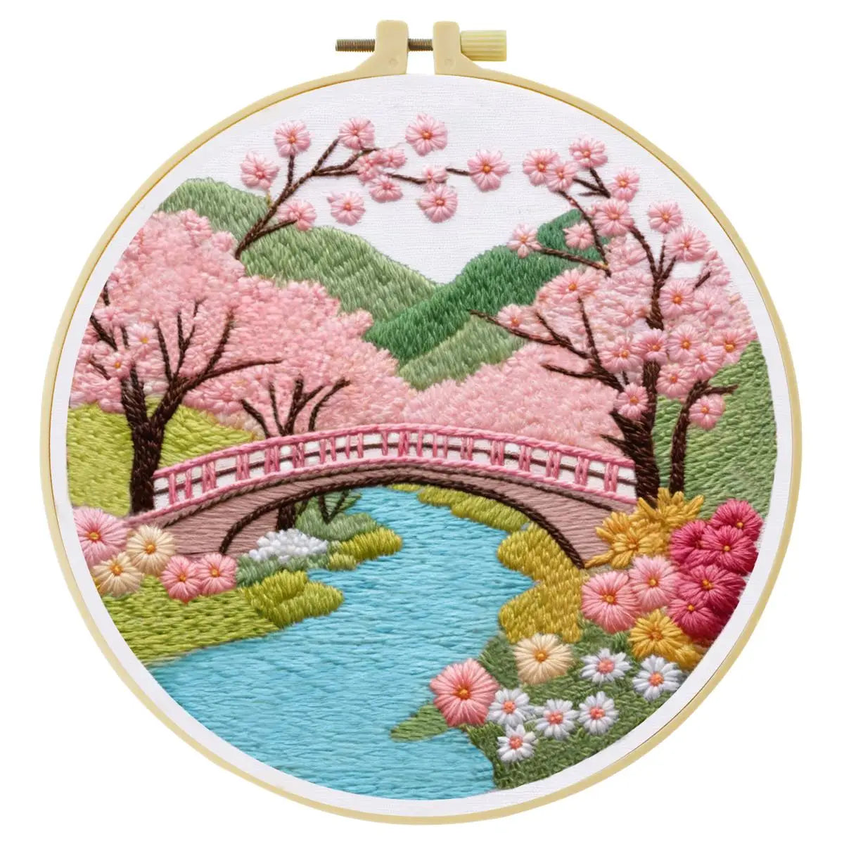 Cherry Blossom Bridge Embroidery Kit – Japanese Spring Garden Landscape Design