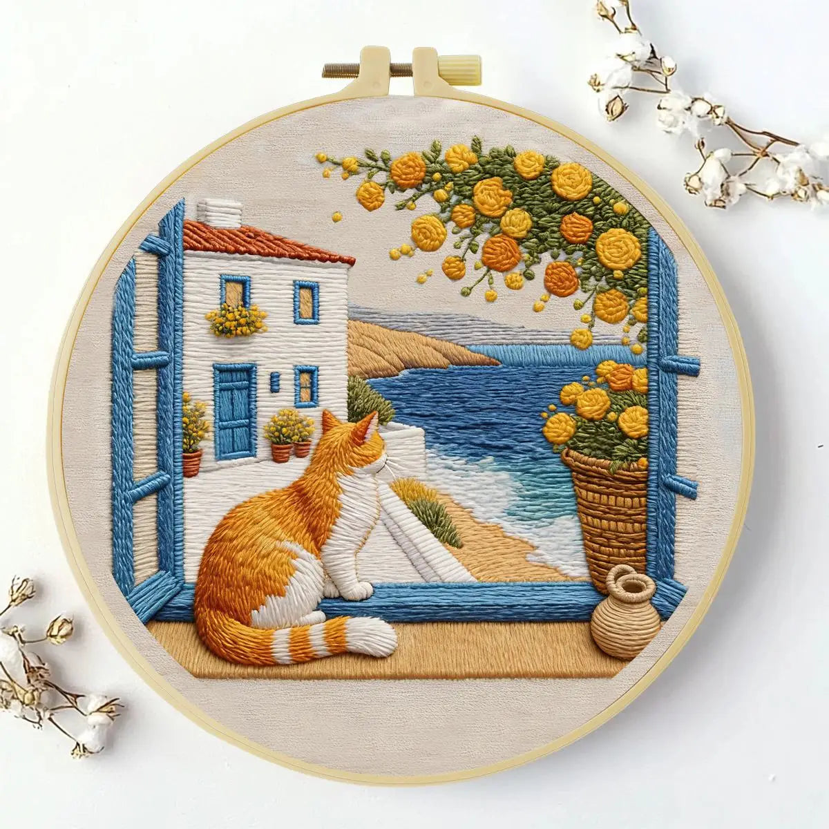 Seaside Window Cat Embroidery Kit