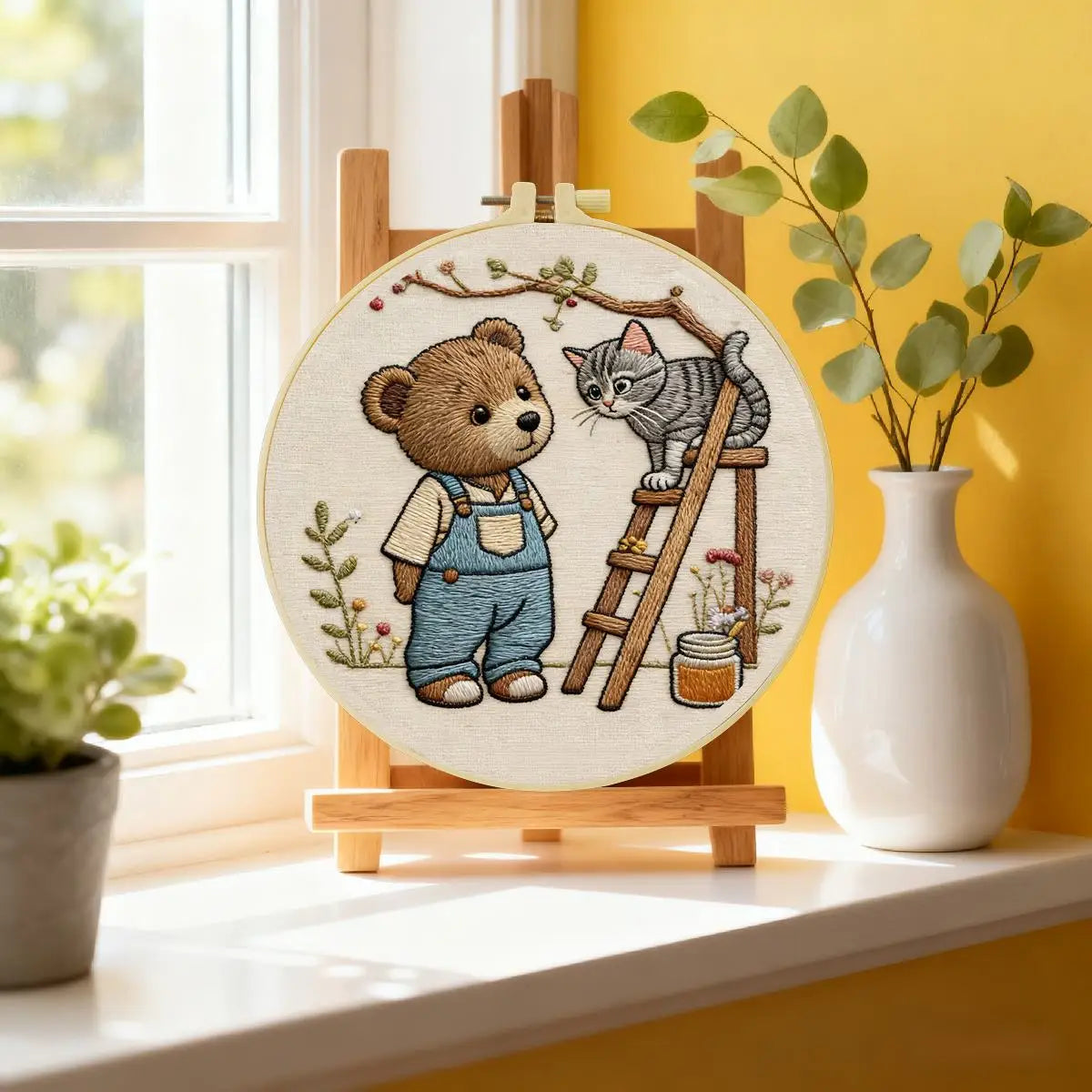 Bear & Kitten Friends Embroidery Kit – Whimsical Woodland DIY Hand Embroidery Set 🧸🐱🌿