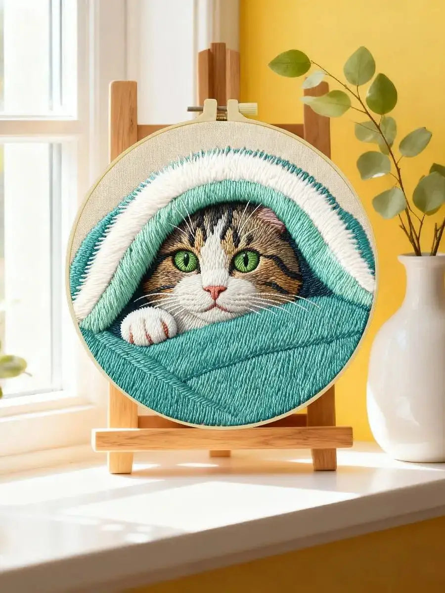 Cozy Blanket Kitten Embroidery Kit 🐱🩵🧵
