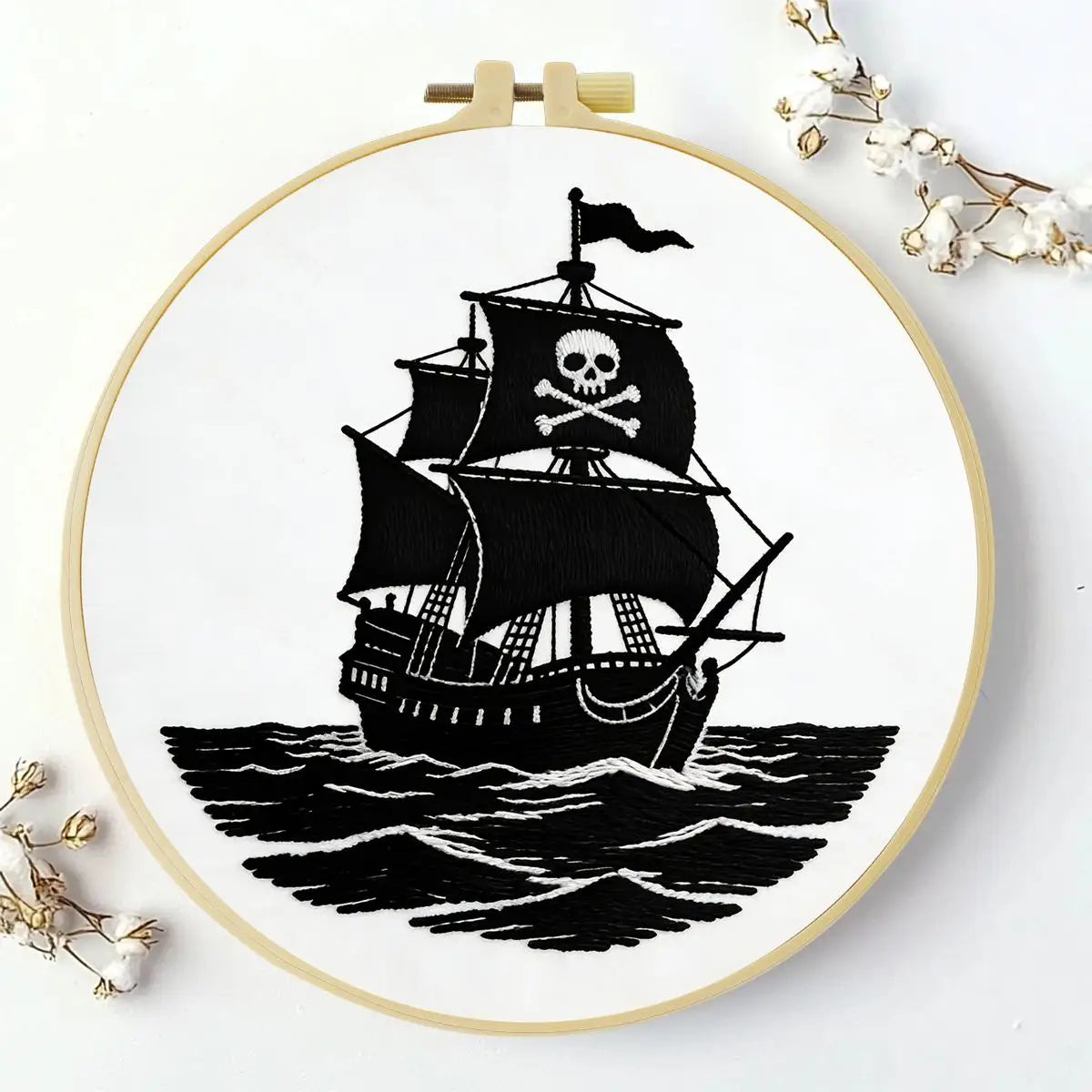 Black Pirate Ship Embroidery Kit – Skull & Crossbones Nautical Design