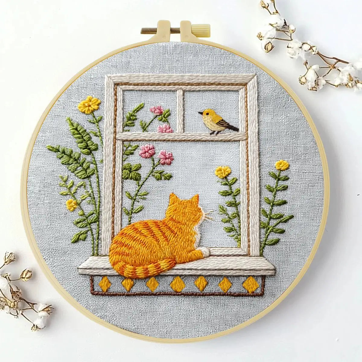 Window Cat Embroidery Kit – Cozy Birdwatching Kitty DIY Hand Embroidery Hoop Art Set