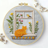 Window Cat Embroidery Kit – Cozy Birdwatching Kitty DIY Hand Embroidery Hoop Art Set